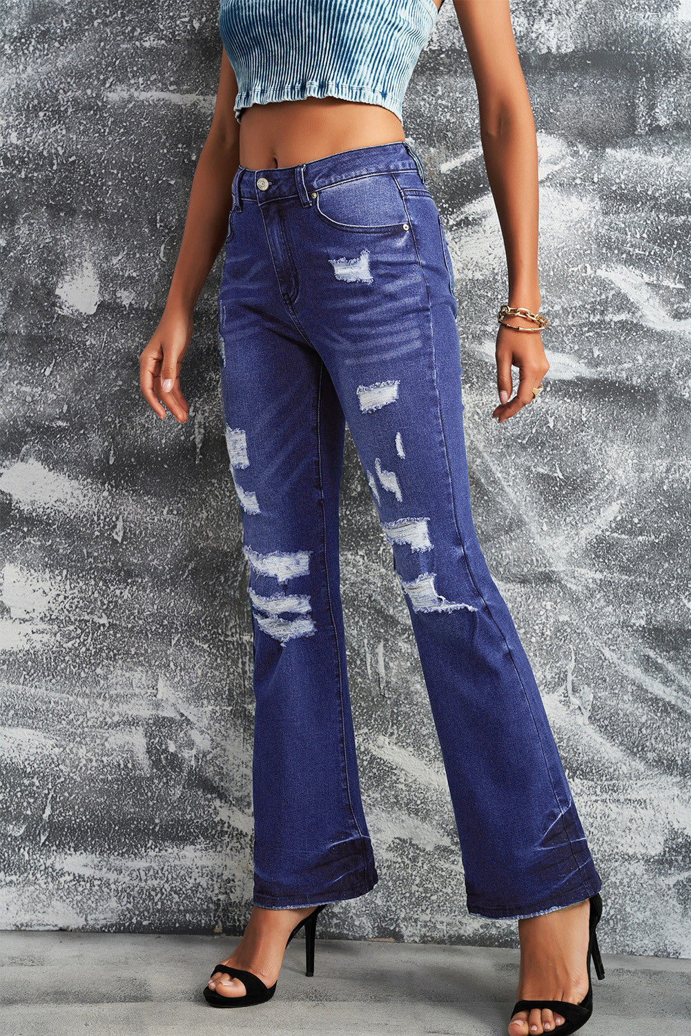 Distressed Mid Waist Ripped Flare Jeans