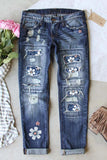 Blue Floral Leopard Print Patchwork Distressed High Waist Jeans