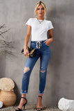 Elastic Waist Straight Leg Destroyed Raw Hem Jeans