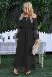 Off Shoulder Embroidered Flared Sleeve Lace Maxi Dress