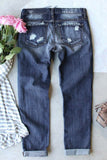 Blue Floral Leopard Print Patchwork Distressed High Waist Jeans