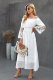 Off Shoulder Embroidered Flared Sleeve Lace Maxi Dress