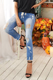 Drawstring Elastic Waist Hole Ripped Jeans