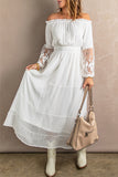 Off Shoulder Embroidered Flared Sleeve Lace Maxi Dress