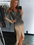 Ombre Sequin Wrapped Ruched Irregular Dress Long Sleeves