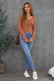 Crewneck Buttons Ribbed Knit Long Sleeve Top