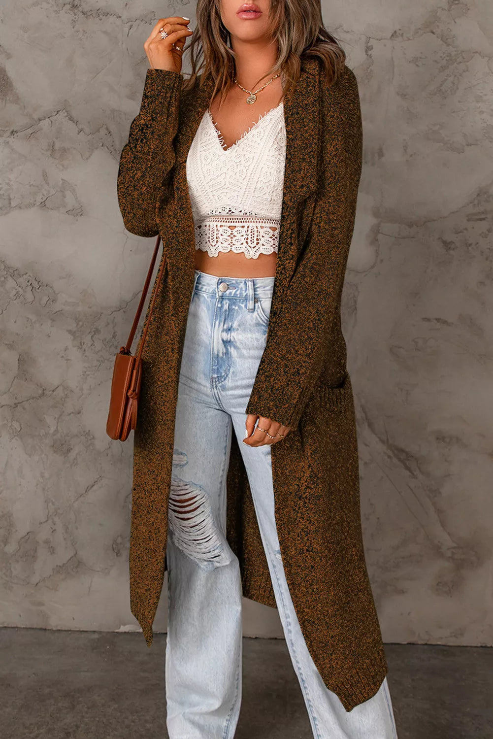 Shawl Collar Belted Knitted Long Sweater