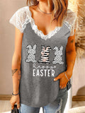 Happy Easter Bunny Print Lace Splicing V Neck T-shirt