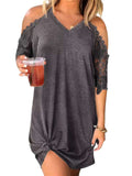 V Neck Lace Splicing Cold Shoulder Mini Dress