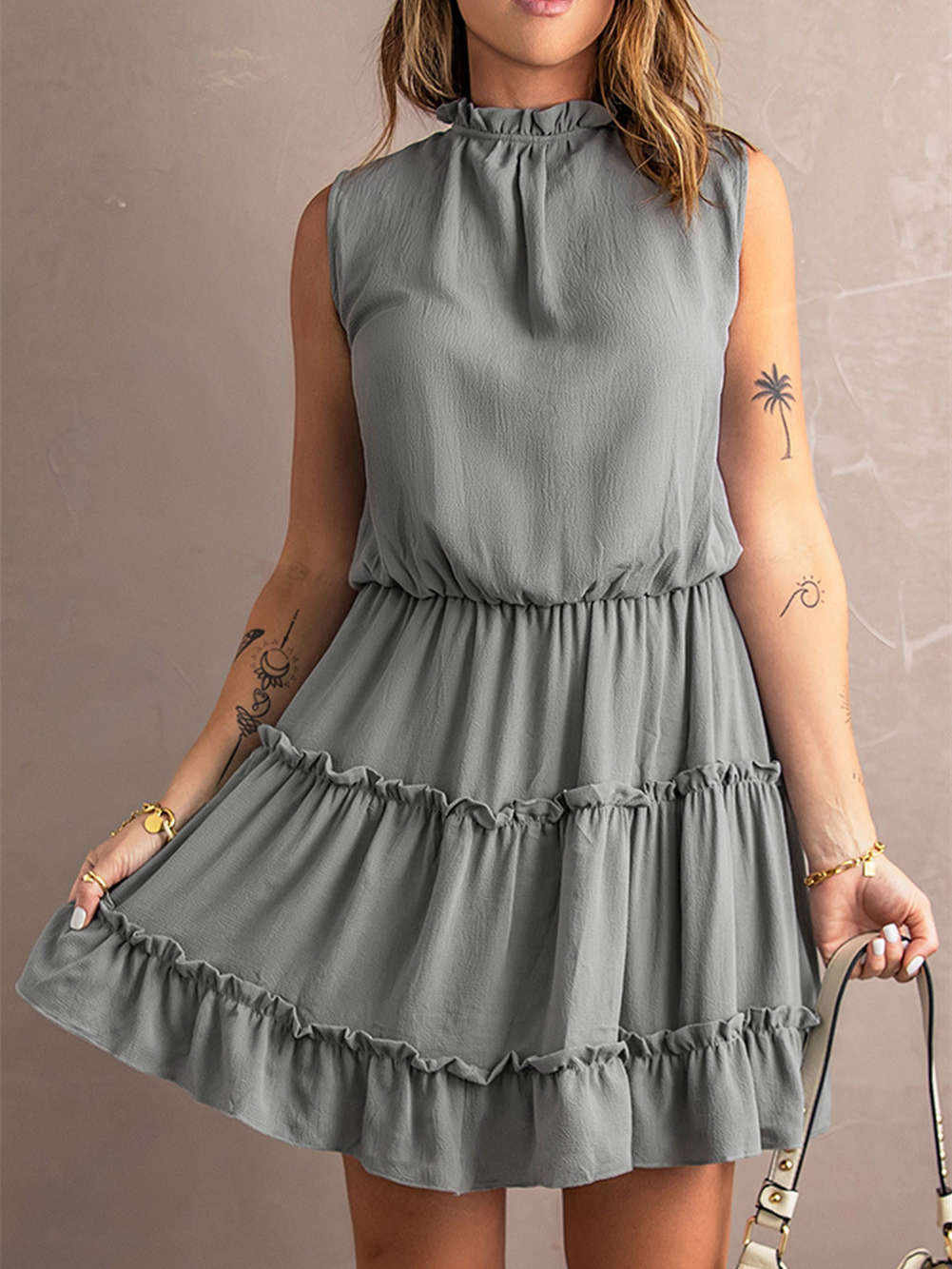 Charming Sleeveless V Neck Ruffled Swing Mini Dress