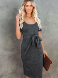 Tie Front Knit Bodycon Midi Dress Short Sleeve