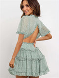 Sexy Floral Print V Neck Ruffle Backless Mini Dress
