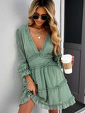 Layered Ruffled Open Back Puff Sleeve Swiss Dot Mini Dress