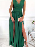 Crochet V Neck Sleeveless Ruched High Waist Maxi Dress