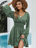 V Neck Balloon Sleeve Smocked Waist Printed Mini Dress