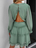 Layered Ruffled Open Back Puff Sleeve Swiss Dot Mini Dress