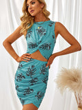 Floral Print Hollow Out Wrap Tie Mini Dress
