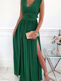 Crochet V Neck Sleeveless Ruched High Waist Maxi Dress