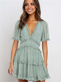 Sexy Floral Print V Neck Ruffle Backless Mini Dress