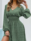 V Neck Balloon Sleeve Smocked Waist Printed Mini Dress