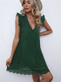 V Neck Ruffled Sleeves Perforating Babydoll Dress