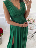 Crochet V Neck Sleeveless Ruched High Waist Maxi Dress