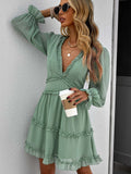 Layered Ruffled Open Back Puff Sleeve Swiss Dot Mini Dress