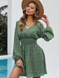 V Neck Balloon Sleeve Smocked Waist Printed Mini Dress