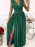 Crochet V Neck Sleeveless Ruched High Waist Maxi Dress