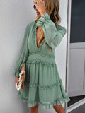 Layered Ruffled Open Back Puff Sleeve Swiss Dot Mini Dress