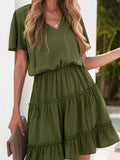 Summer V Neck Ruffled Swing Mini Dress Short Sleeves