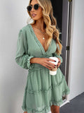 Layered Ruffled Open Back Puff Sleeve Swiss Dot Mini Dress