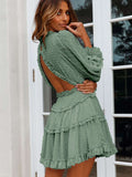 Layered Ruffled Open Back Puff Sleeve Swiss Dot Mini Dress