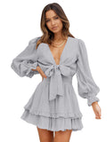 Deep V Neck Lantern Sleeve Knotted Tiered Mini Dress
