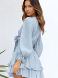 Deep V Neck Lantern Sleeve Knotted Tiered Mini Dress