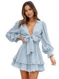 Deep V Neck Lantern Sleeve Knotted Tiered Mini Dress