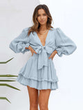 Deep V Neck Lantern Sleeve Knotted Tiered Mini Dress