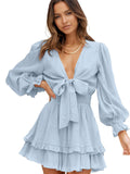 Deep V Neck Lantern Sleeve Knotted Tiered Mini Dress