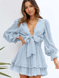 Deep V Neck Lantern Sleeve Knotted Tiered Mini Dress