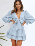 Deep V Neck Lantern Sleeve Knotted Tiered Mini Dress