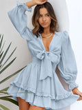 Deep V Neck Lantern Sleeve Knotted Tiered Mini Dress