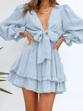 Deep V Neck Lantern Sleeve Knotted Tiered Mini Dress