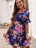 Ruffled Short Sleeve Floral Mini Dress