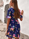 Ruffled Short Sleeve Floral Mini Dress