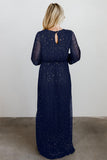 Side Split Rhinestone V Neck Maxi Dress Long Sleeves