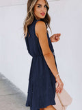 Split Neck Pom Pom Textured Flowy Mini Dress