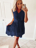 Split Neck Pom Pom Textured Flowy Mini Dress