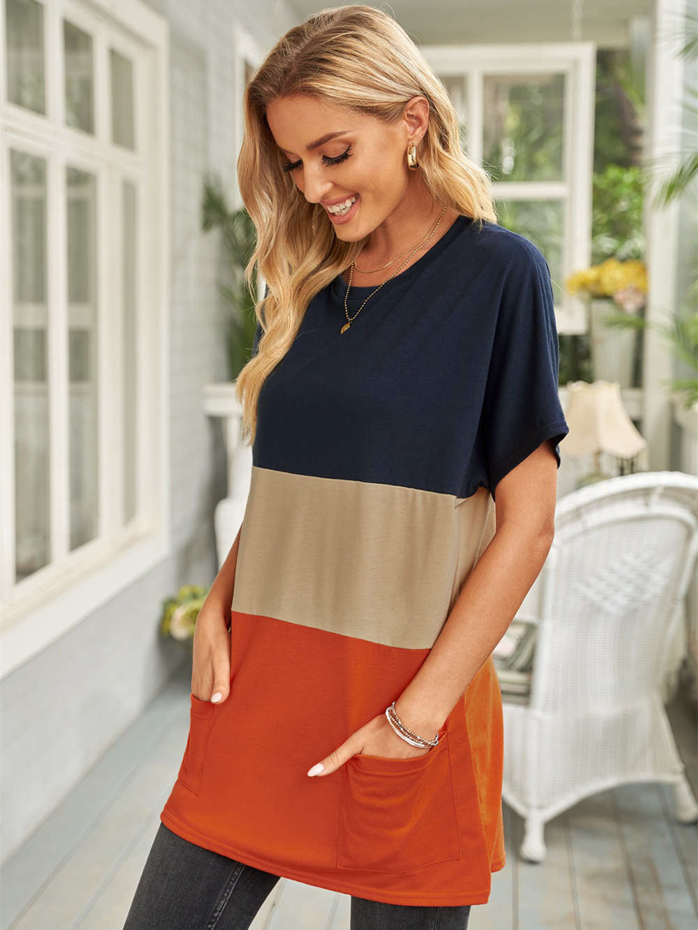 Triple Colorblock Splicing Short Sleeve T-shirt Mini Dress with Pockets
