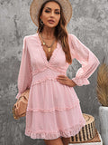 Layered Ruffled Open Back Puff Sleeve Swiss Dot Mini Dress