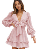 Deep V Neck Lantern Sleeve Knotted Tiered Mini Dress